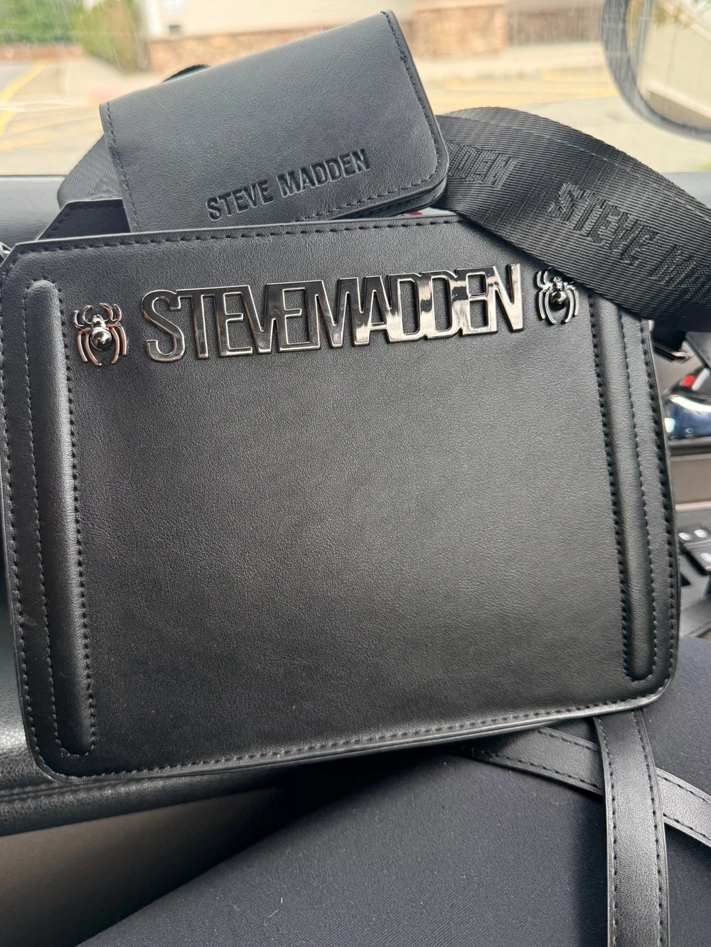 Steve Madden Black Leather Crossbody Messenger Bag with spiders